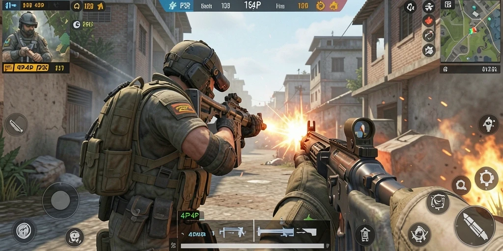 Screenshot utama gameplay 4P4P dengan aksi tembak-menembak yang mendebarkan.