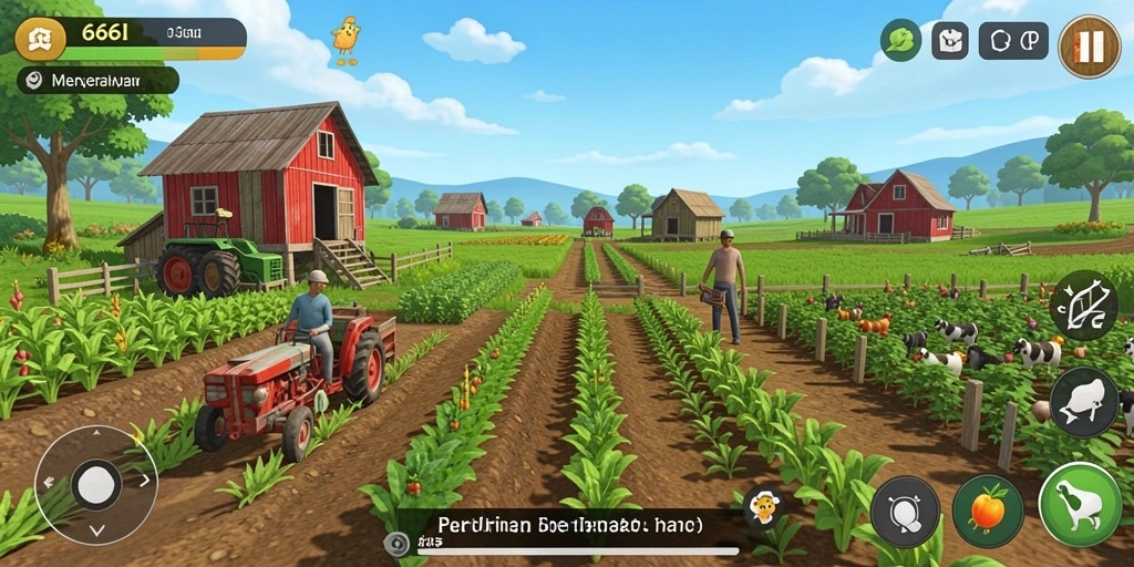 Screenshot gameplay 666I dengan aktivitas bertani yang asyik.
