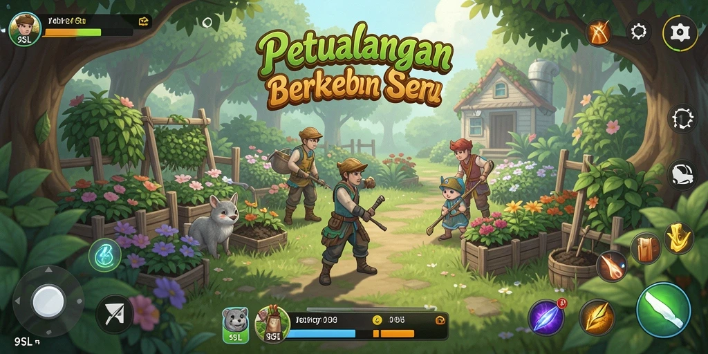 Tangkapan layar dari gameplay 9SL menampilkan ladang yang subur dan aktivitas pertanian.
