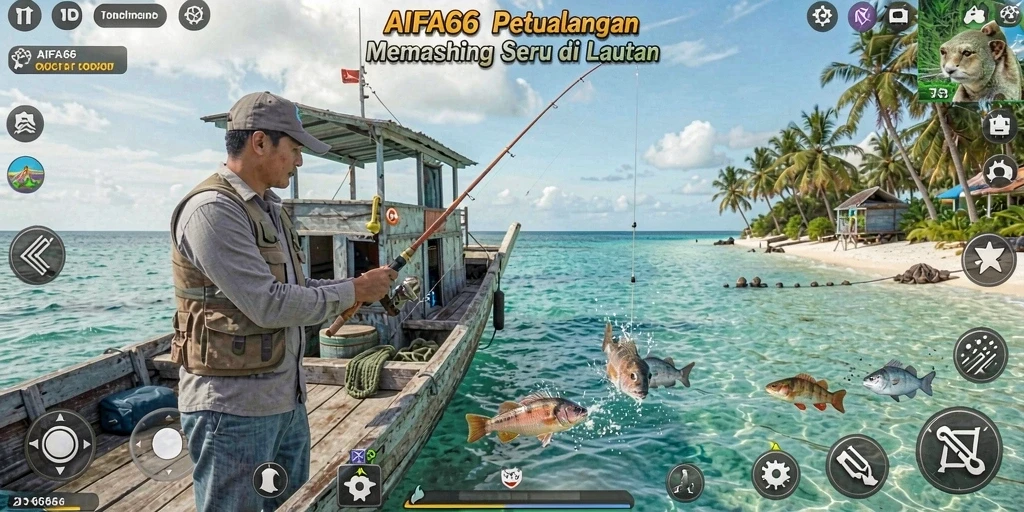 Screenshot AIFA66 menampilkan momen menangkap ikan di bawah laut yang indah.