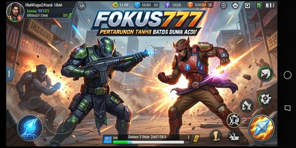 Tangkapan layar utama FOKUS777 menampilkan aksi seru dalam pertarungan.
