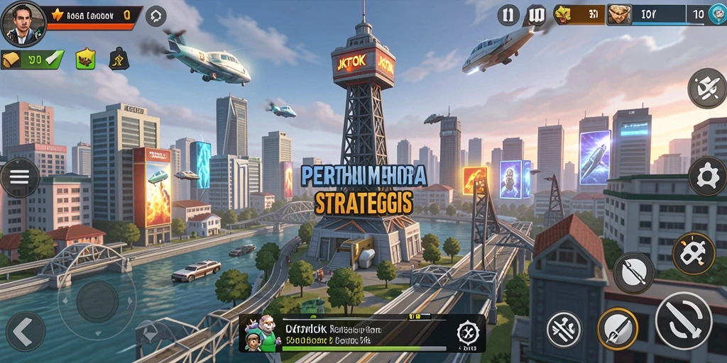 Screenshot gameplay JKTOK menampilkan menara bertahan dalam aksi.