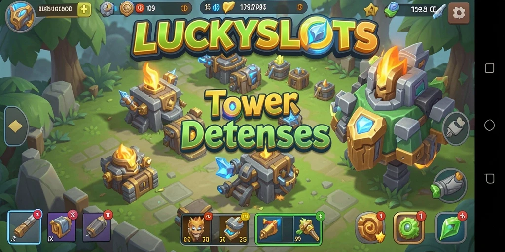 Tampilan gameplay seru di LUCKYSLOTS dengan menara menahan serangan musuh.