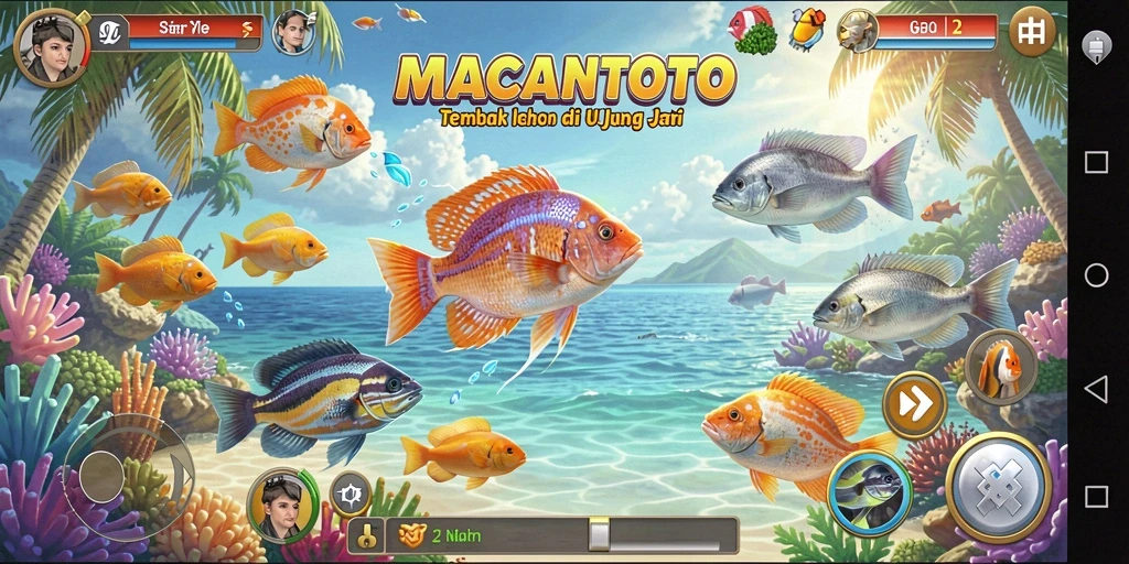 Gameplay seru di MACANTOTO dengan banyak ikan untuk ditembak.