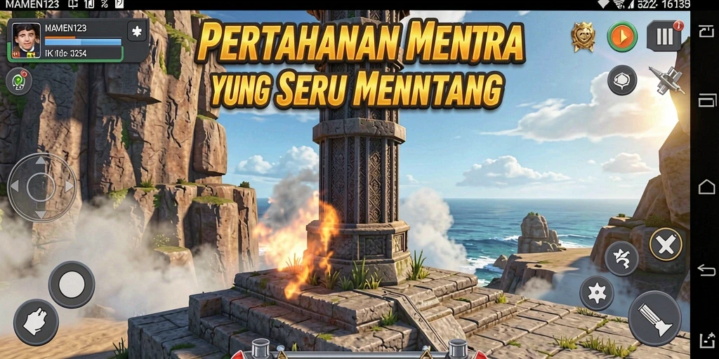 Screenshot gameplay MAMEN123 menampilkan aksi Tower Defense yang mendebarkan.