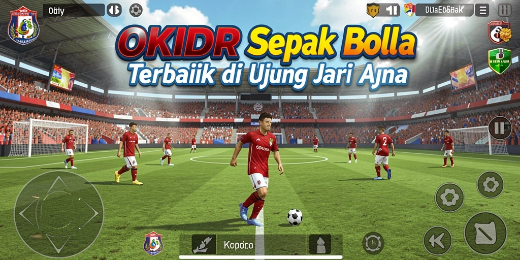 Tangkapan layar gameplay OKIDR yang menampilkan aksi seru di lapangan sepak bola.
