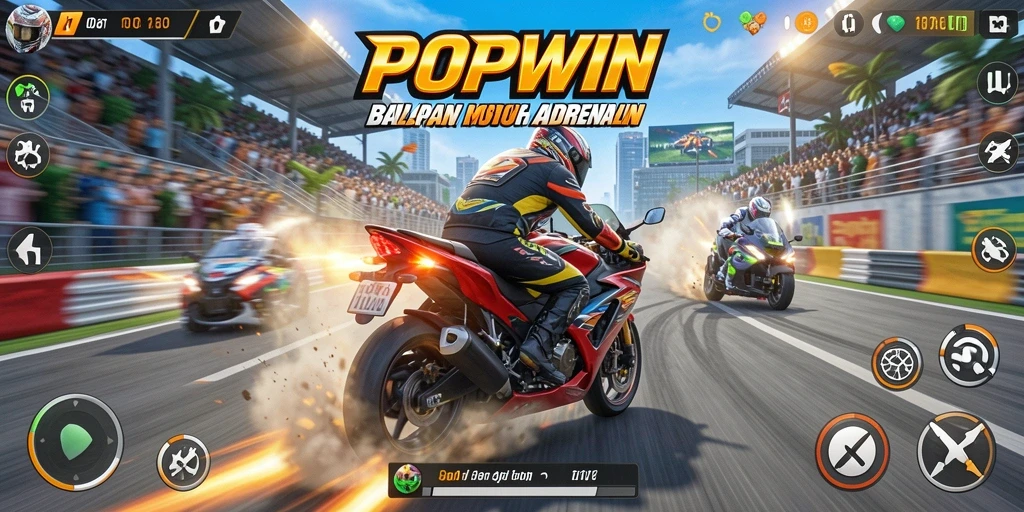 Screenshot gameplay POPWIN dengan balapan motor yang mendebarkan.