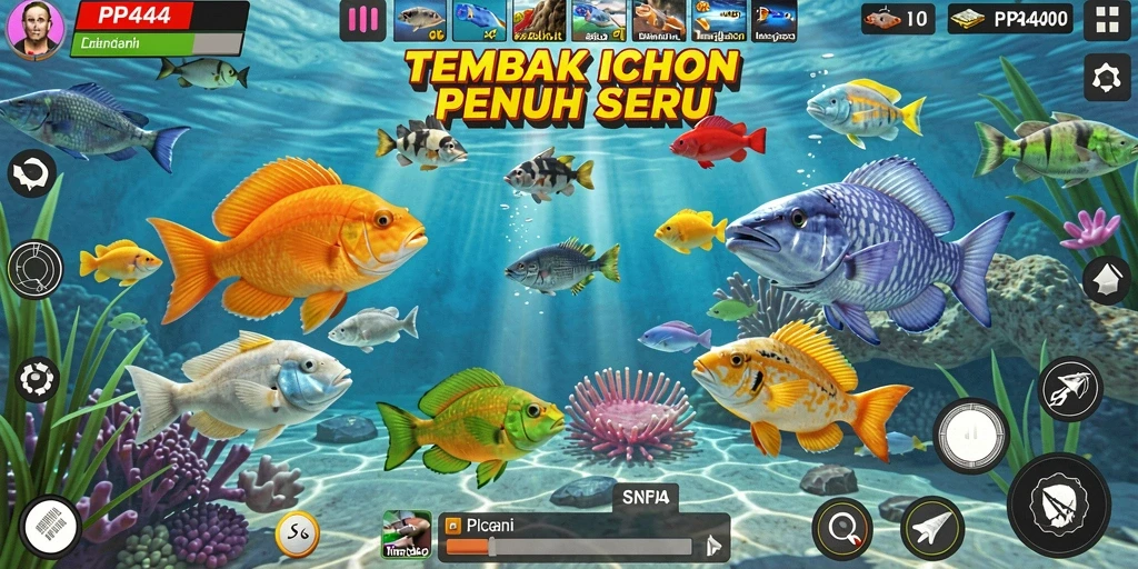 Screenshot utama gameplay PP444 menampilkan aksi menembak ikan yang seru.
