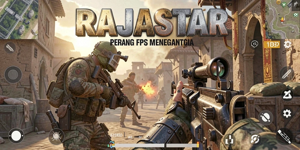 Screenshot utama RAJASTAR menampilkan aksi gameplay FPS yang intens.