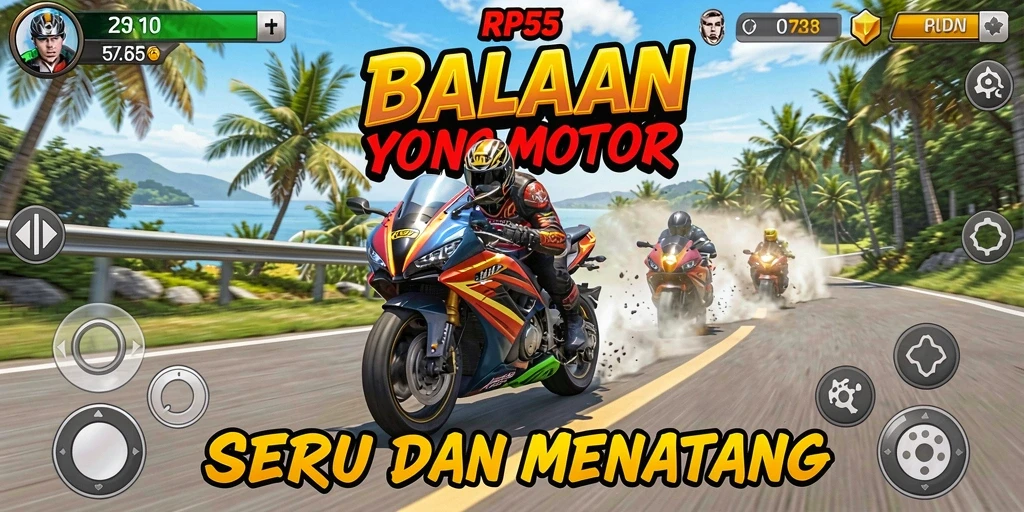 Screenshot utama RP55 menampilkan aksi balapan motor yang mendebarkan.
