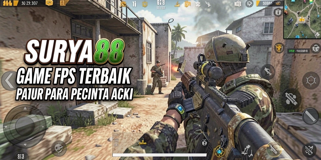 Screenshot SURYA88 menampilkan aksi intens dalam pertempuran FPS.